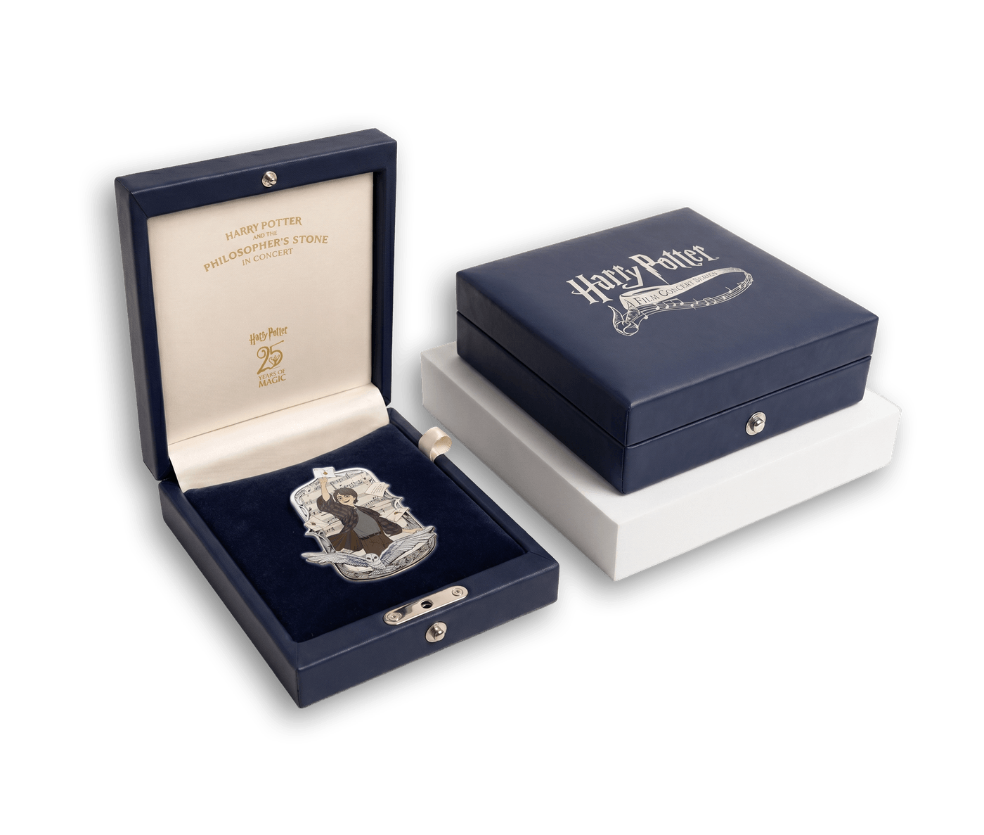 The collector's pin with its faux-leather collector's box shown open and closed